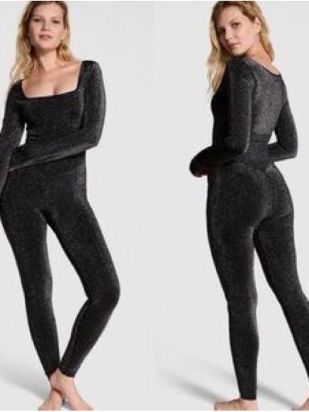 Victoria's Secret Black Sparkle Long Sleeve Square Neck Jumpsuit